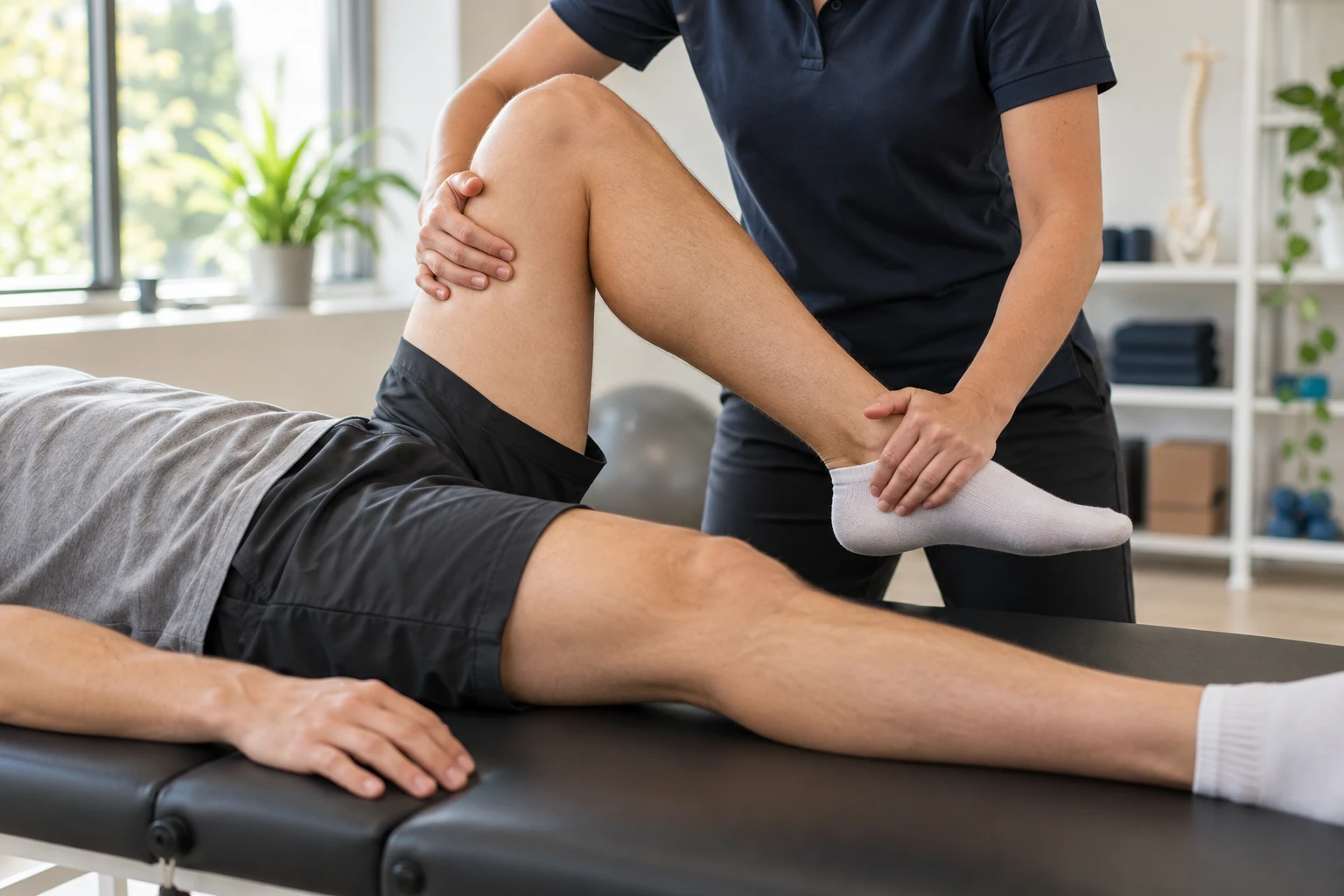 Illustratives Behandlungsmotiv: unterstützte Kniebewegung in der Physiotherapie